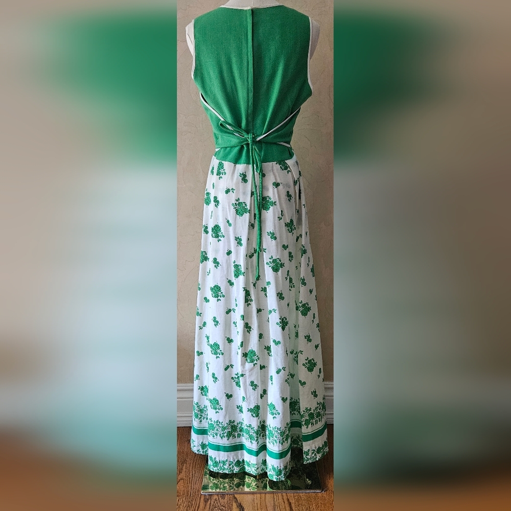 Vintage Leslie Faye Bohemian Twill Greem Bodice Floral Maxi Dress Tie Back - Picture 4 of 6